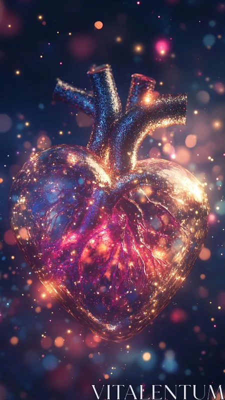 Glowing anatomical heart with sparkling cosmic details.