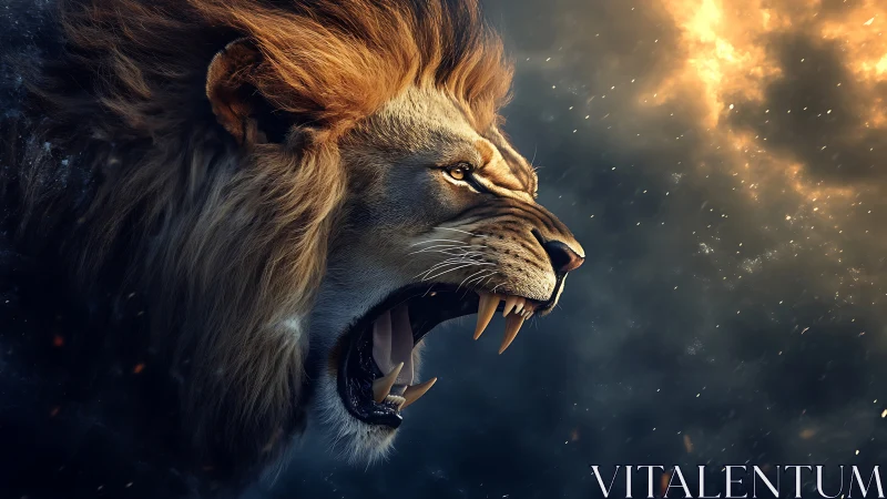 Roaring lion in fiery storm with dramatic side lighting.