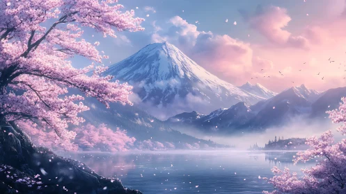 Cherry blossom lake before snowcapped mountain at sunrise.