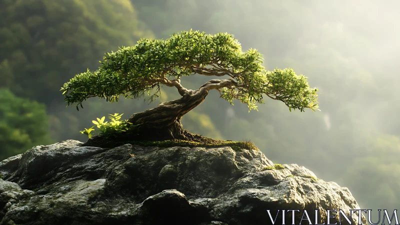 Bonsai tree crowns mossy cliff under soft morning light.