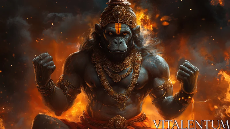 Fiery guardian ape warrior crowned in mythic gold armor.