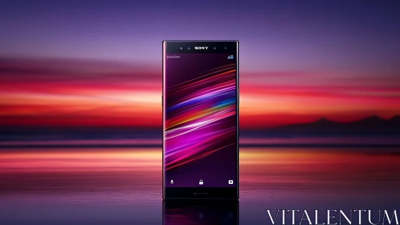 Sony Xperia Smartphone Neon Display Against Sunset Backdrop.