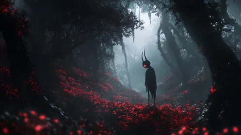 Horned wraith amid crimson forest mist at twilight.