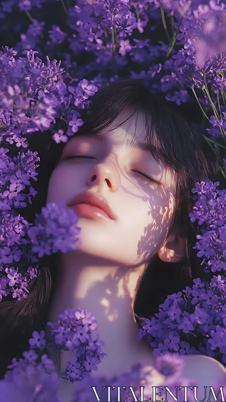Serene female face resting amid dense purple blossoms.