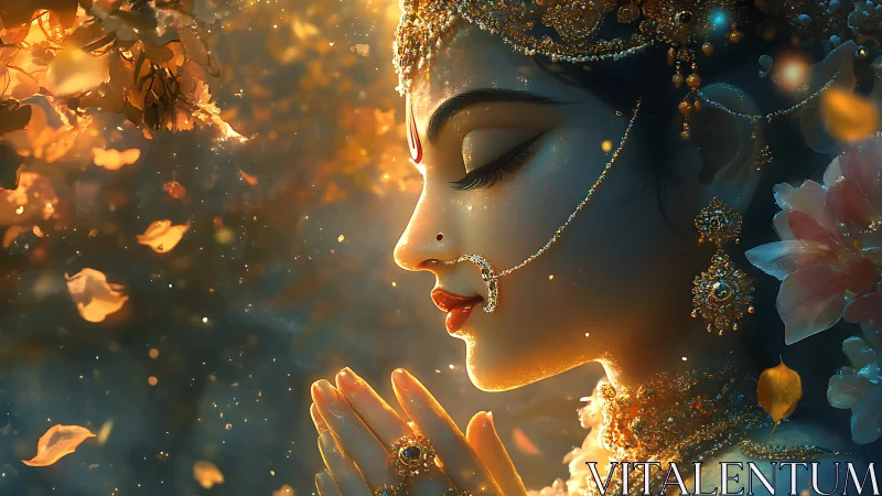 Profile view shows ornate female figure praying in light