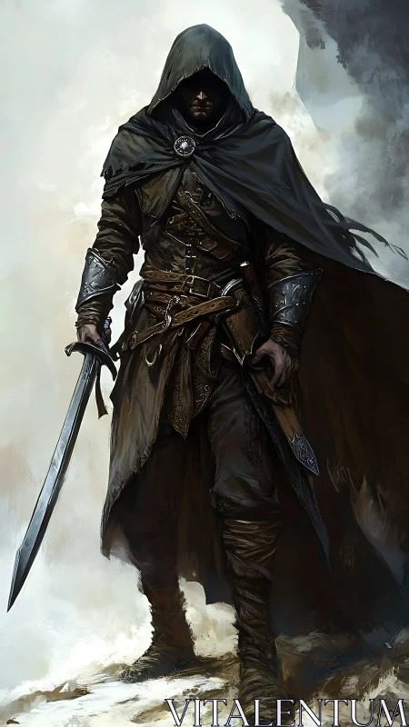 Hooded swordsman walks forward in detailed fantasy armor