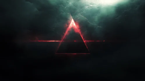 Luminous red triangular prism with laser horizon in dense fog