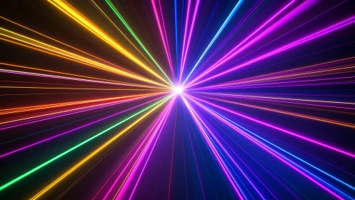Neon lightburst tunnel with converging laser streaks.