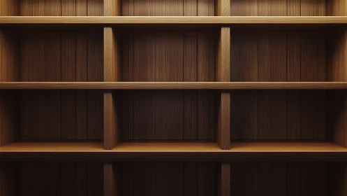 Horizontal view of empty wooden shelving grid structure.