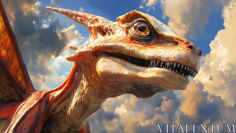 Fiery dragon portrait against dramatic clouded sky.