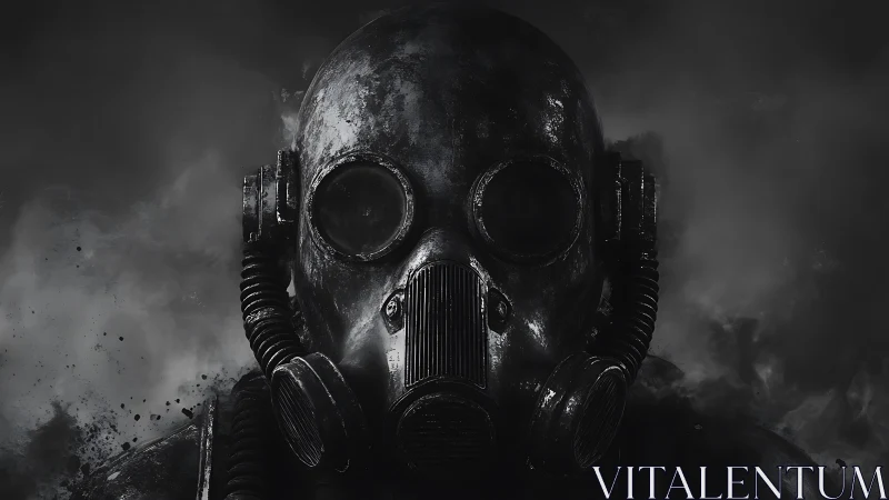 Gas mask soldier stands shrouded in dense toxic smoke