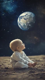 Baby sitting on lunar surface looking up at distant Earth.