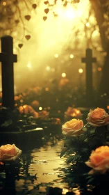 Golden cemetery pond reflects roses under soft graveyard light