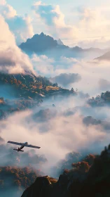Light plane glides above misty mountains at sunrise
