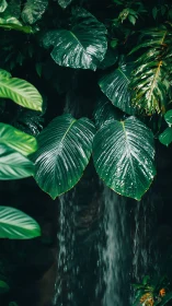 Rain-kissed jungle leaves curtain a whispering waterfall.