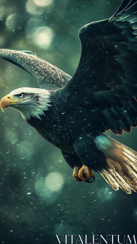 Eagle soars through teal bokeh sky, wings sharp, eyes locked.