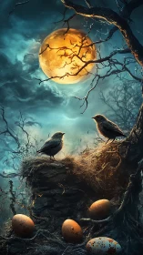 Moonlit nest whispers with watchful night birds and eggs.