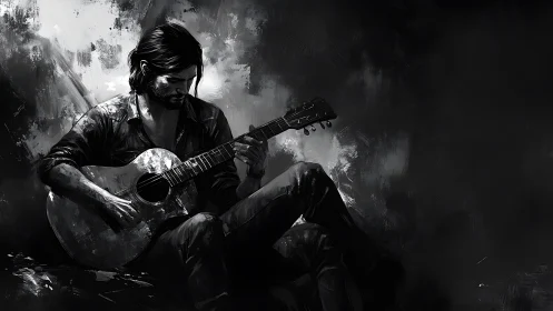 Solitary guitarist in monochrome shadowed corner study.