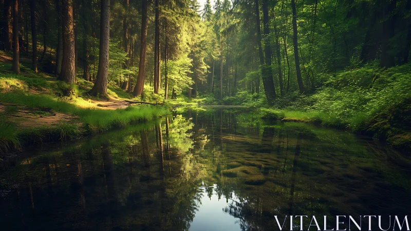 Sunlit Forest Stream: Ancient Woodland Reflection.