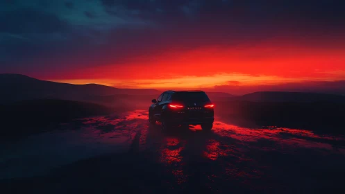 SUV cruises wet coastal road under vivid red sunset glow