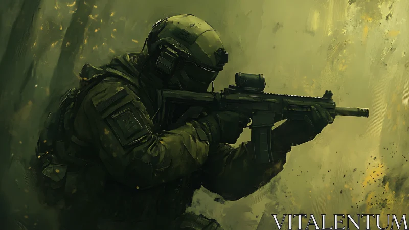 Tactical soldier advances through smoky battlefield haze.