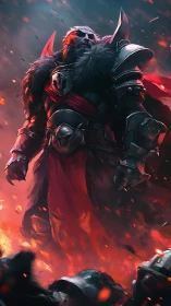 Digital painting of armored warlord amid ascending embers.