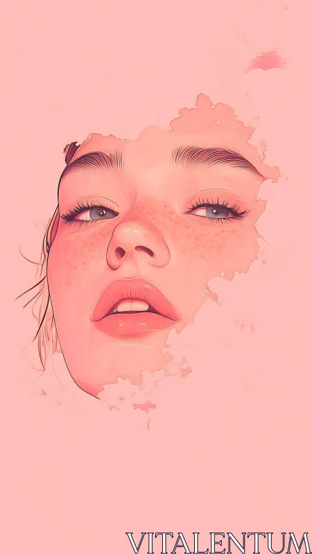 Fragmented pastel portrait isolates a freckled face in void
