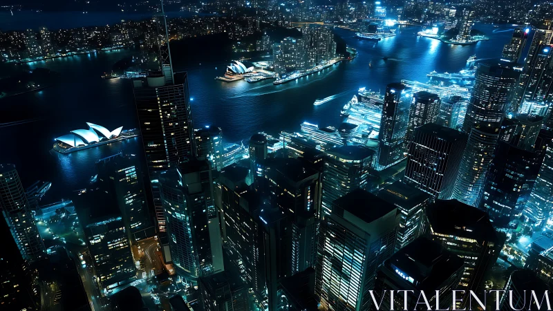 Neon tide over harbor towers in a sleepless electric city.