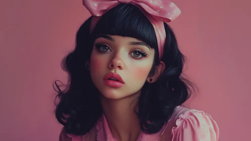 Chromatic portrait of doll-like girl in pastel pink palette.