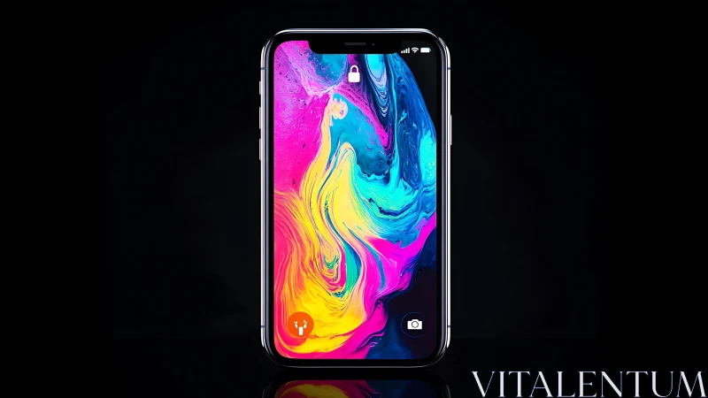 iPhone displaying vibrant digital fluid art with neon color gradients.