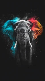 Majestic elephant emerges with neon wings in cosmic darkness