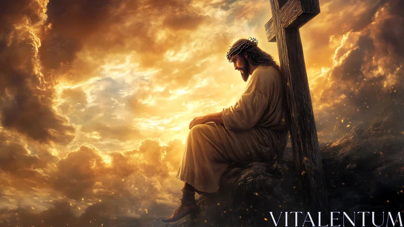 Jesus figure resting by wooden cross in glowing sky scene.