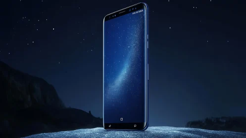 Smartphone Display at Night with Starfield and Landscape Background