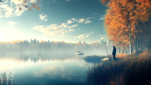 Quiet autumn lake with a lone fisherman at sunrise.