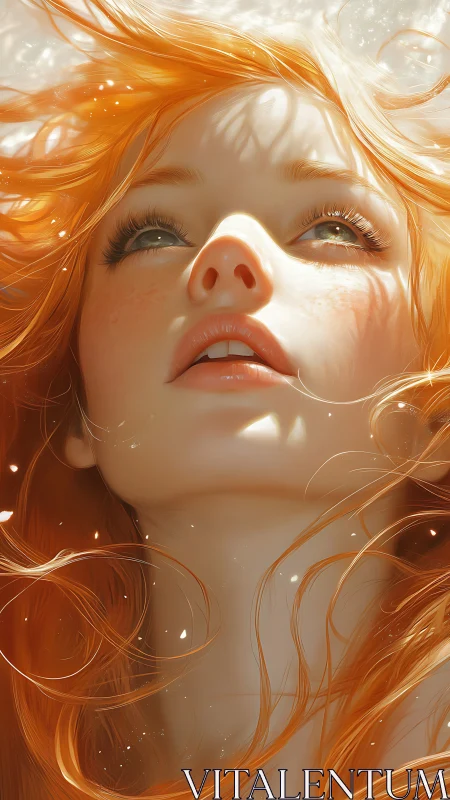 Radiant red-haired girl gazes upward in shimmering light.