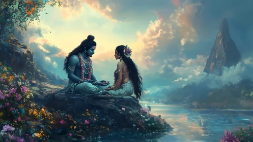 Digital painting of divine lovers in luminous river landscape.