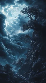 Nocturnal canyon landscape rendered with volumetric storm clouds