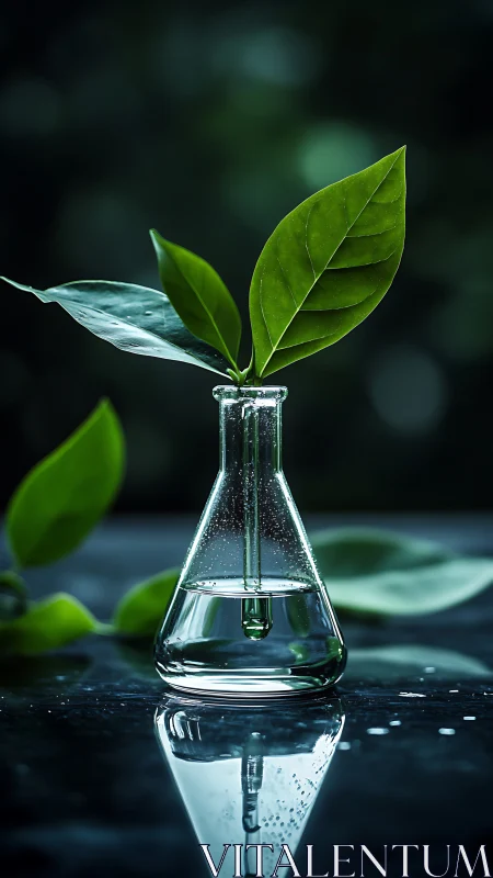 Laboratory flask holds botanical leaves in reflective glass