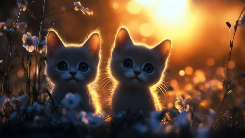 Two Glowing Kittens in a Sunset Flower Meadow.