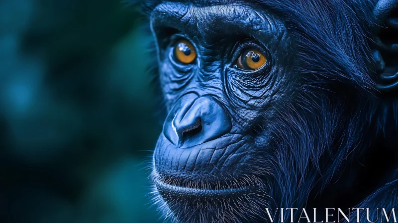 High-contrast macro portrait of contemplative blue primate