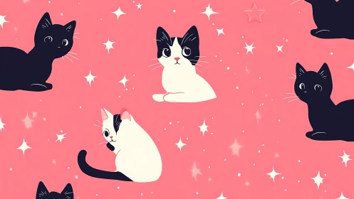 Whimsical Feline Collection Against Vibrant Pink Starfield Backdrop.
