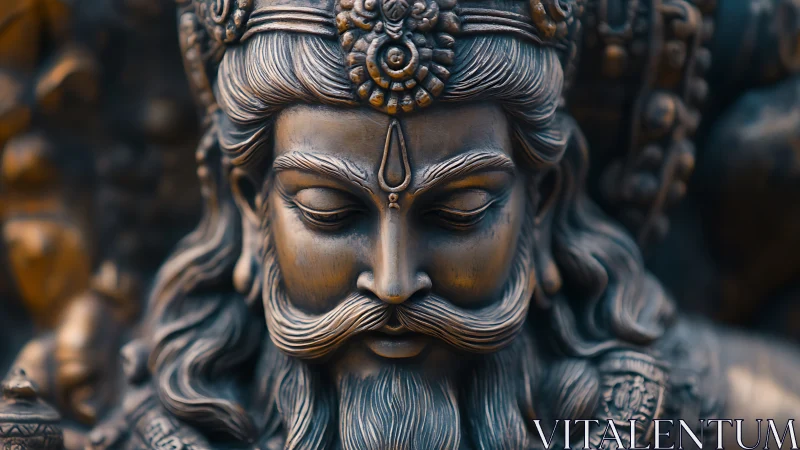 Close bronze sculpture of serene bearded deity face.
