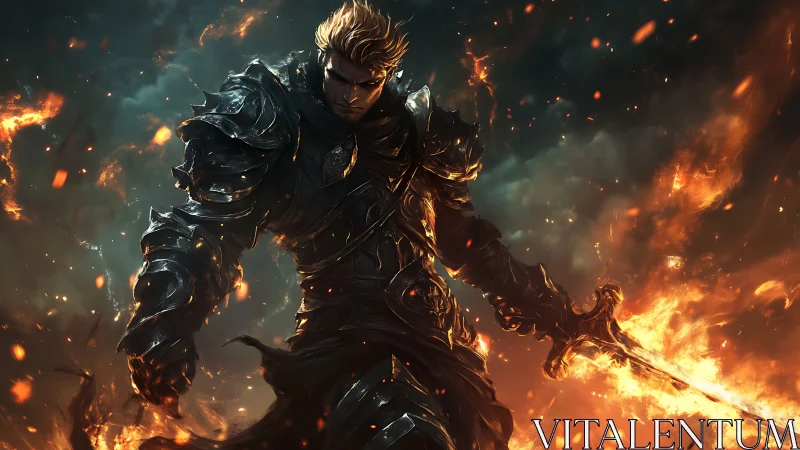 Armored warrior grips flaming sword amid swirling fire