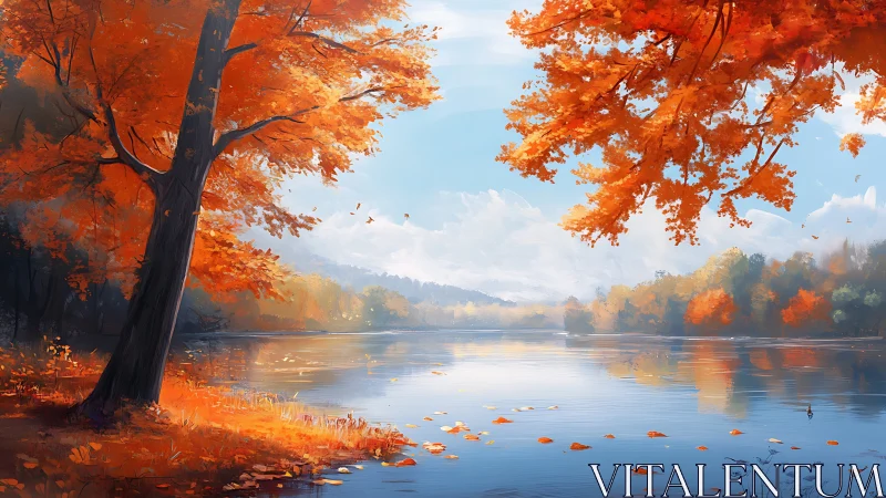 Autumn riverbank rendered with high-saturation foliage and soft diffusion