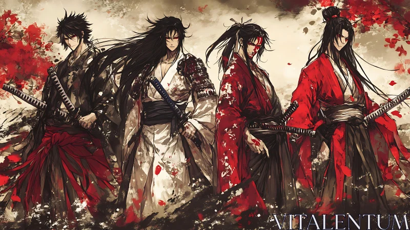 Four determined samurai in bold red and white robes stand united.