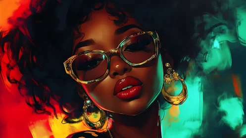 Neon-lit portrait celebrates bold style and golden glow.