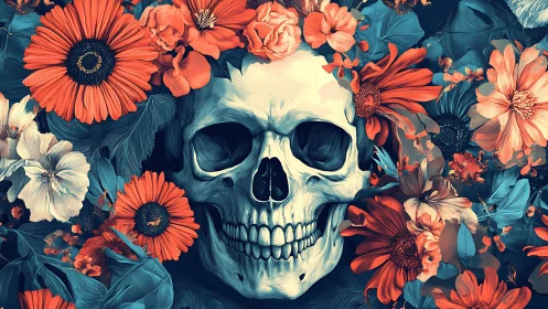 Floral skull emerges in vivid contrast between life and death.