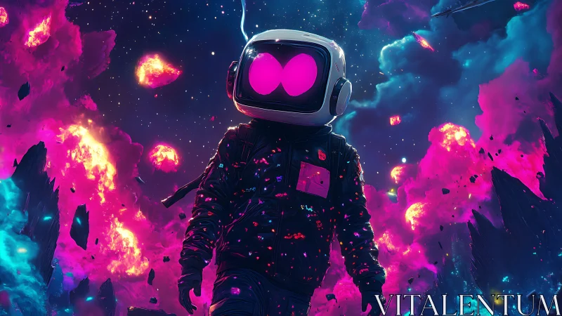 Neon-saturated cosmic explorer amid exploding magenta nebulae.