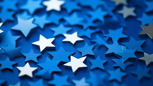 Metallic blue star confetti scatters across vibrant surface.