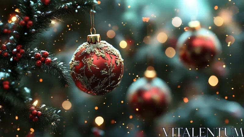 Red ornament on evergreen branch with soft defocused lights.